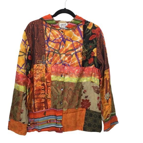 Chico’s Design Patchwork Boho Embroidered Floral Hooded Lined Shacket Sz 1 (M) - Picture 1 of 13